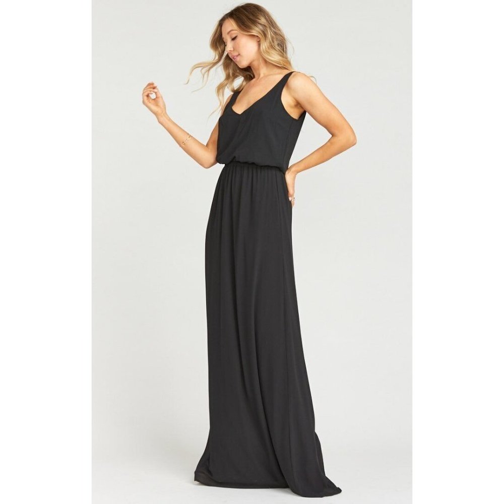 Show Me Your MuMu Kendall Maxi Dress Size Medium Black Chiffon Low Back V Neck - Picture 3 of 11